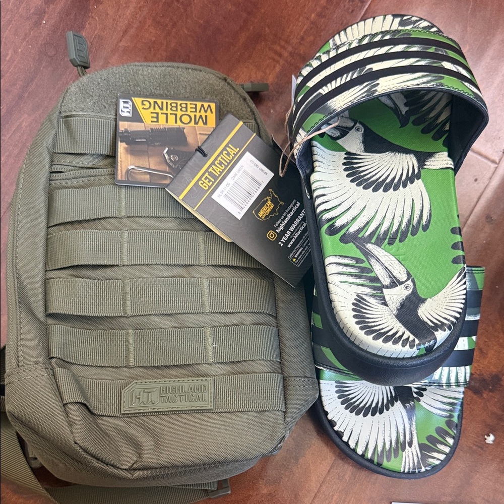 Mini army backpack and adidas slippers size 9 for men